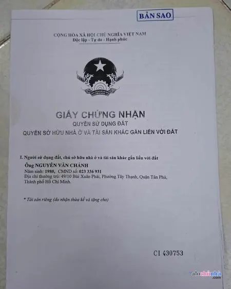 Bán  Nhà số 49/10 Đường Bùi Xuân Phái, Phường Tây Thạnh, Quận Tân Phú